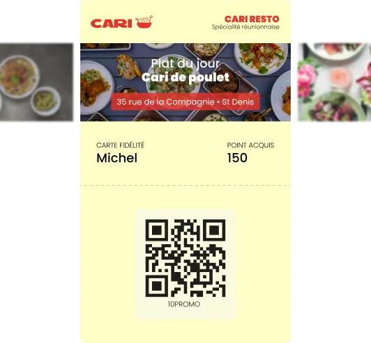 Visuel qui représente une carte de fidélité provenant d'un restaurant qui se trouve dans la wallet natif du smartphone de votre client. Et qui illustre un exemple concret des différentes possibilités de personnalisation de votre carte. Comme par exemple l'intégration du logo de votre enseigne ou encore d'un bandeau qui dévoile le visuel du plat du jour sur la carte de fidélité de votre restaurant, grâce aux fonctionnalités que vous offre Runwallet.