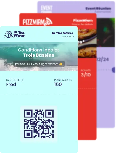 Visuel qui illustre différentes types de cartes et de scénarios possible que vous offre Runwallet, en fonction de votre secteur d'activité (exemple: carte de membre d'une école de surf, ticket ou billet pour un événement privé, carte de fidélité d'une pizzeria etc)