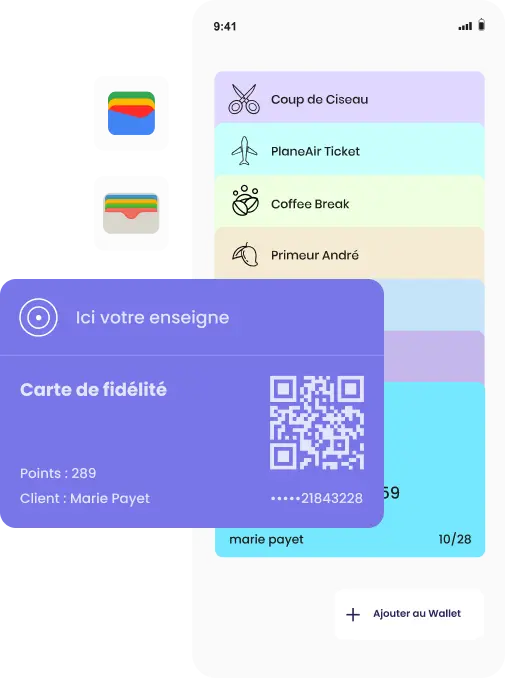 Illustration d'un smartphone personnalisé qui montre des cartes digitalisés empilées dans un wallet natif, de type google wallet ou apple wallet.