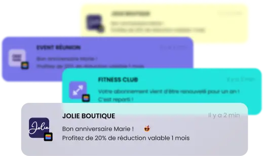 Visuels qui illustre différentes notifications que peuvent recevoir vos clients depuis le wallet natif de vos clients, ainsi que les différents scénarios que vous proposez par Runwallet.