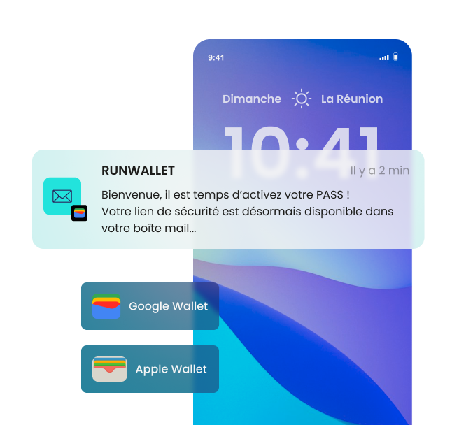 Illustration d'un smartphone stylisé qui représente la simplicité d'utilisation de Runwallet, afin de communiquer à travers des notifications directement avec vos clients, sans installer d'applications supplémentaires dans un smartphone autre que google wallet ou apple wallet.